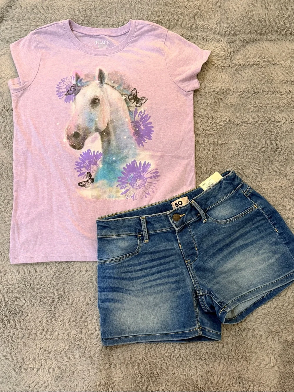 SO Girls' Mid Rise Shorts with Bonus Lavender Horse Graphic T-shirt